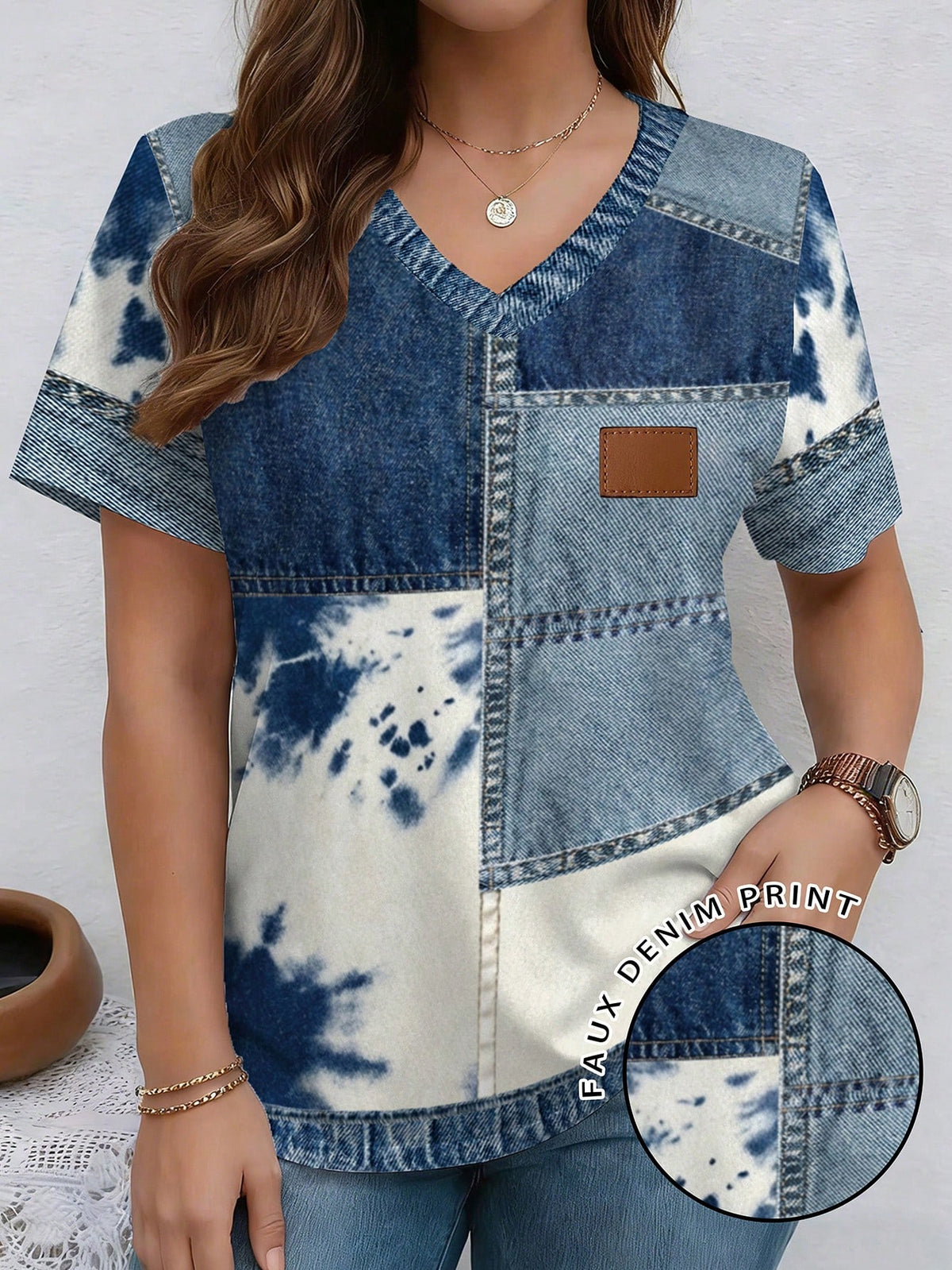 Women's Plus Size Patchwork Print Twill Texture T-Shirt