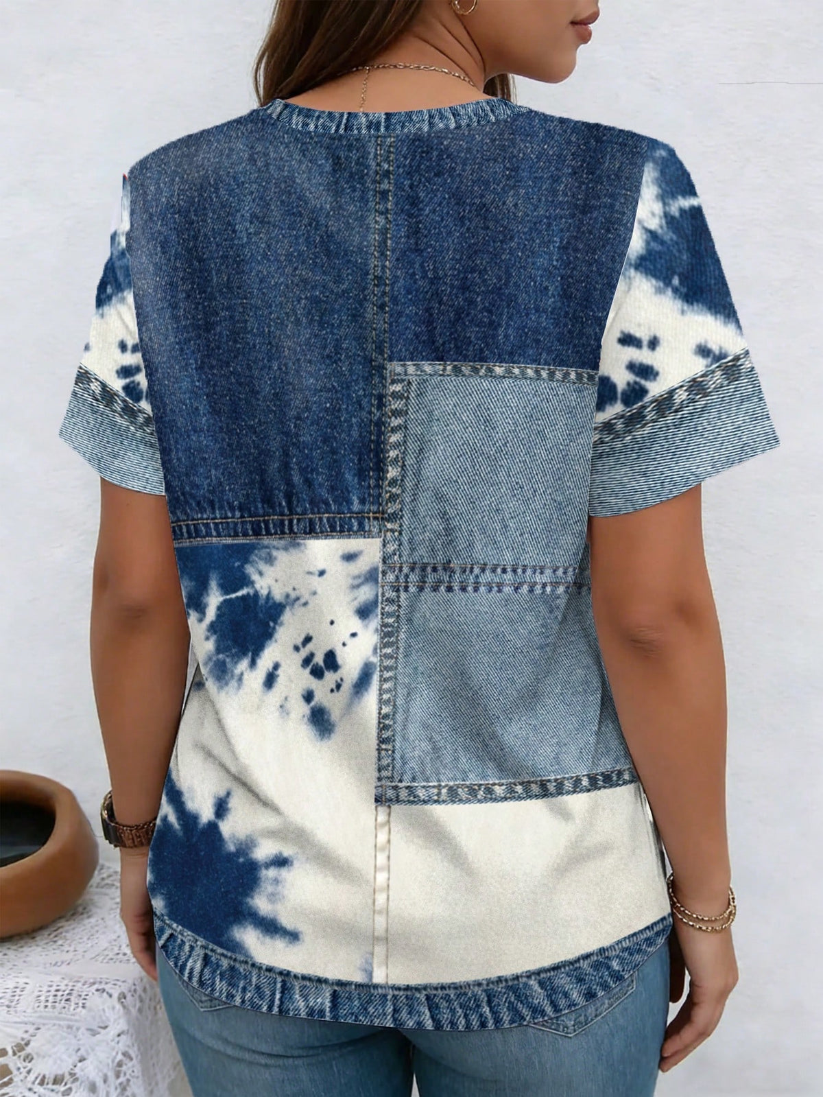 Women's Plus Size Patchwork Print Twill Texture T-Shirt