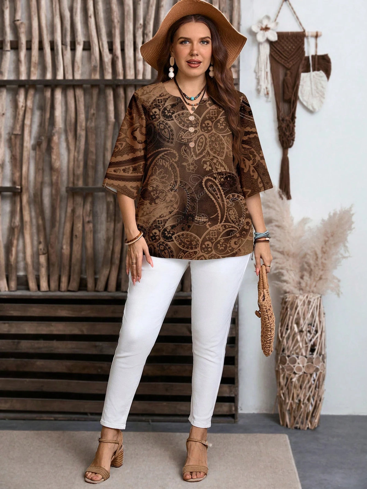 Women's Plus Size Cashew Pattern Half Sleeve Shirt