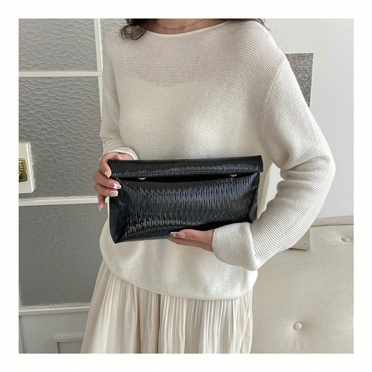 Women's Metallic Textured Ruched Evening Clutch Bag