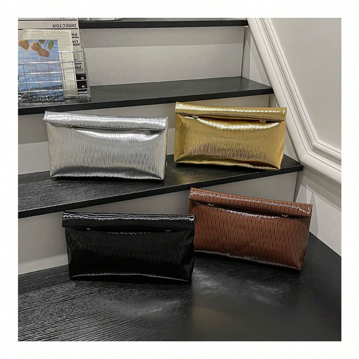 Women's Metallic Textured Ruched Evening Clutch Bag