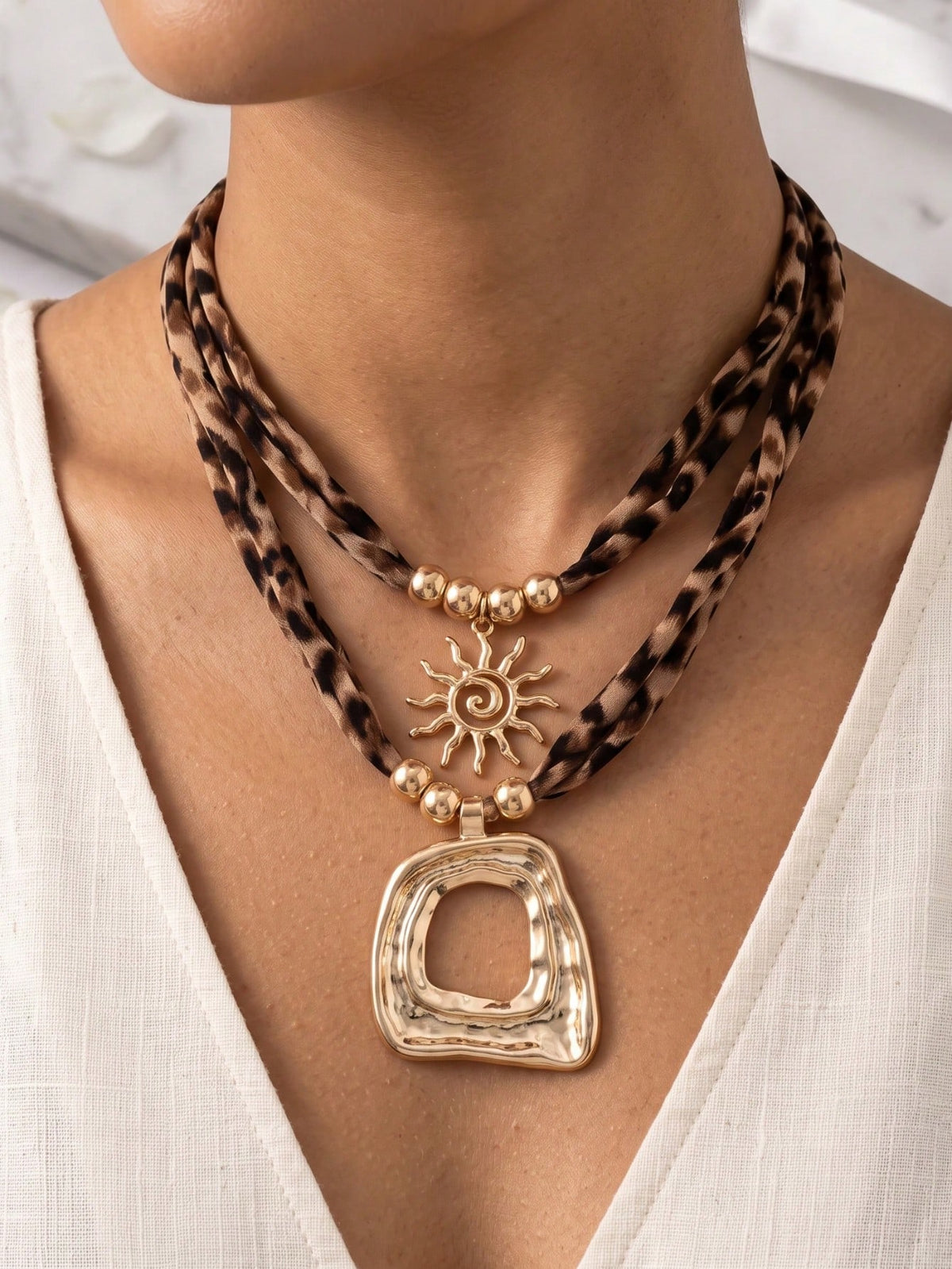 Women's Bohemian Geometric Sunflower Leopard Print Layered Necklace