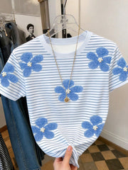 Resyla Striped 3D Floral Digital Print T-Shirt Women's Multicolor
