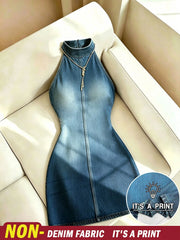 Women's Halter Neck Denim Print Sleeveless Mini Dress