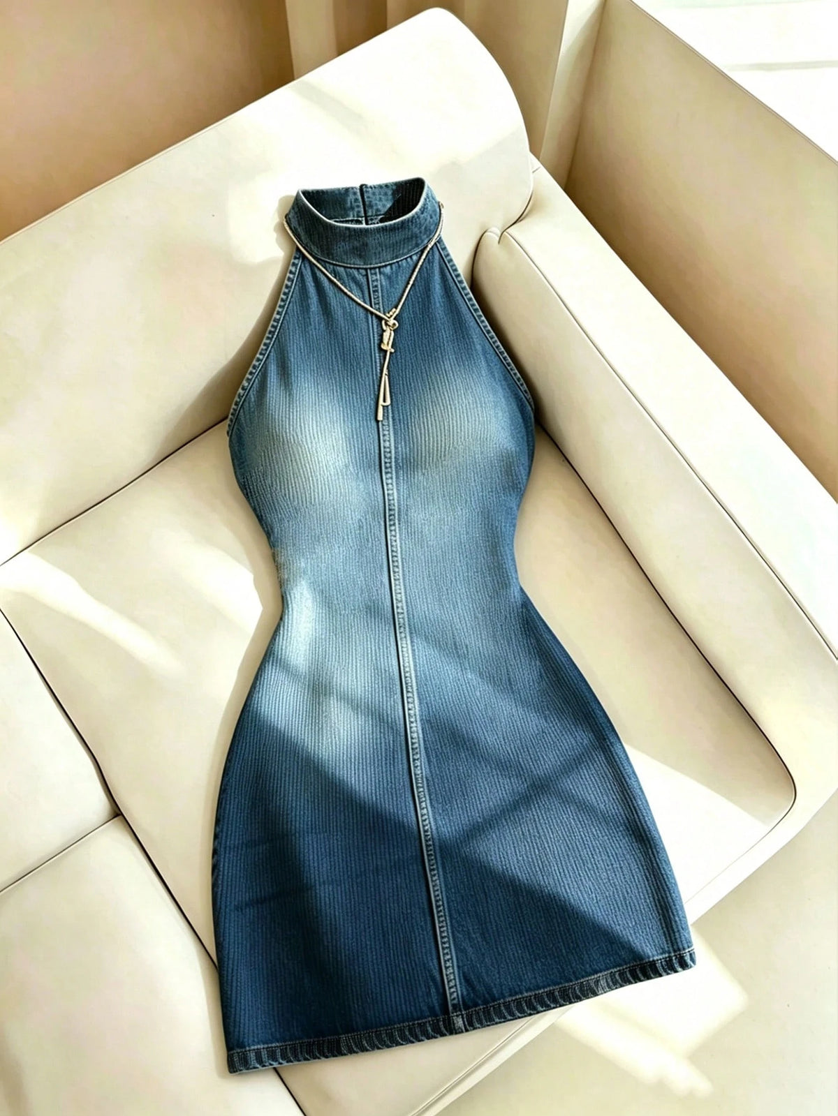 Women's Halter Neck Denim Print Sleeveless Mini Dress
