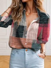 Women's Retro Color Block Button Print Long Sleeve Casual Shirt