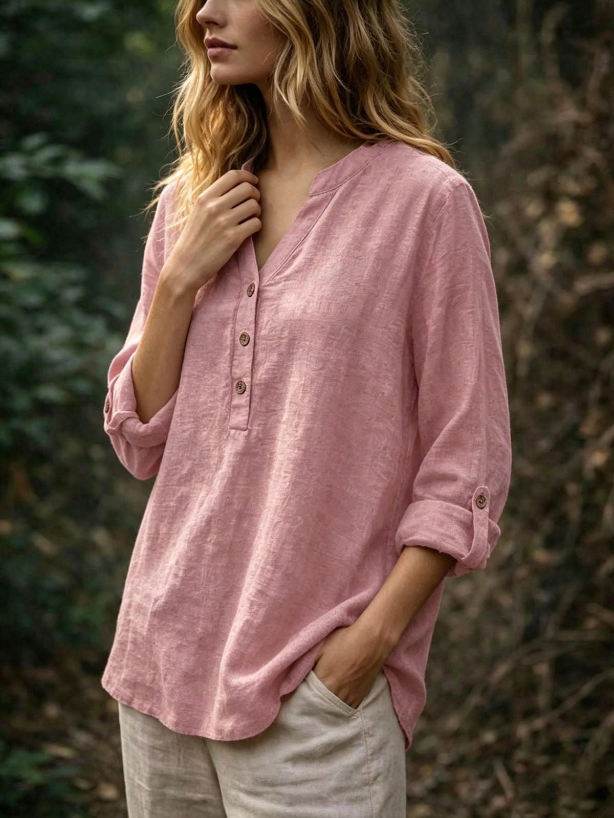Women's Plus Size Casual V-Neck Button Long Sleeve Blouse