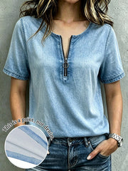 Women's V-Neck Zip Denim Effect Printed Short Sleeve T-Shirt Multicolor