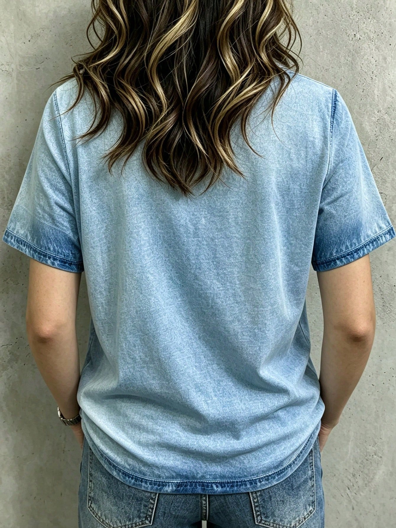 Women's V-Neck Zip Denim Effect Printed Short Sleeve T-Shirt Multicolor