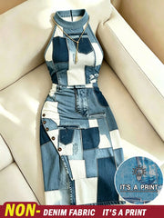 Women's Denim Effect Print Slit Round Neck Casual Dress
