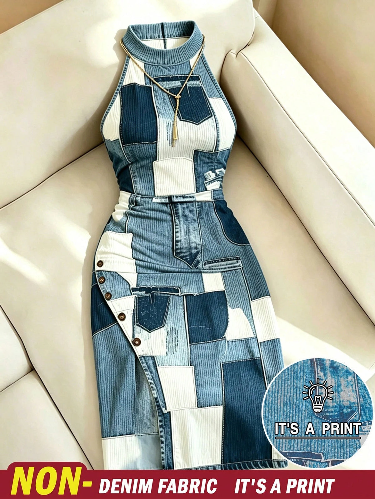 Women's Denim Effect Print Slit Round Neck Casual Dress