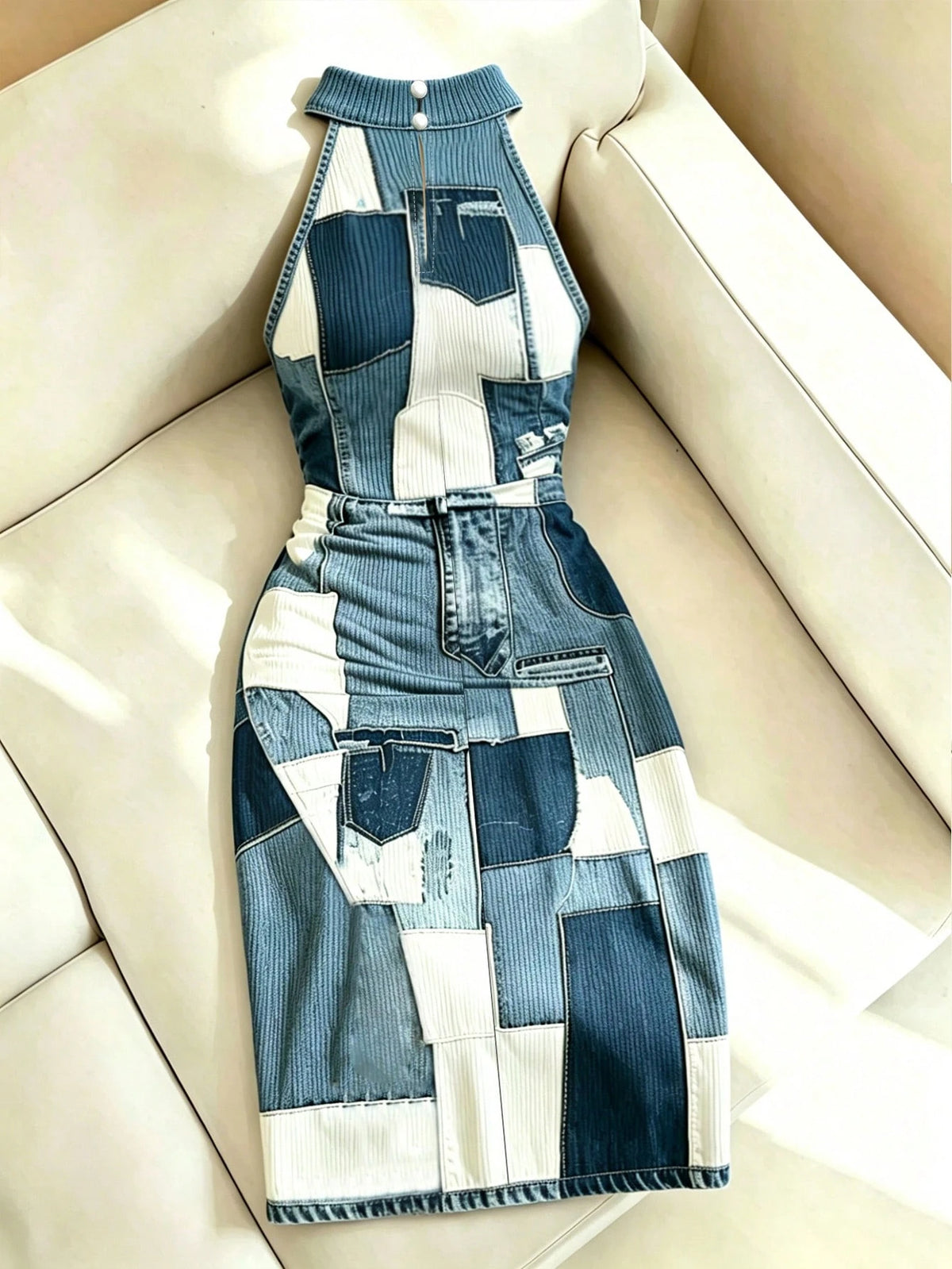 Women's Denim Effect Print Slit Round Neck Casual Dress