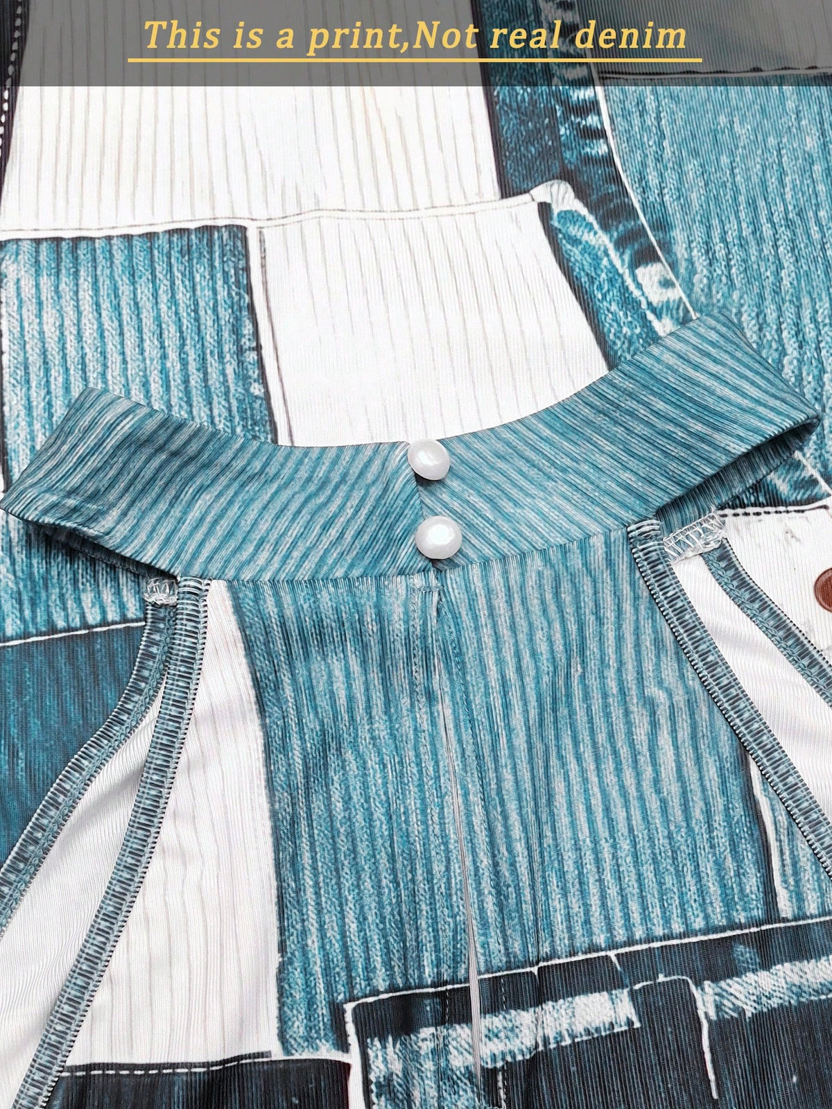 Women's Denim Effect Print Slit Round Neck Casual Dress