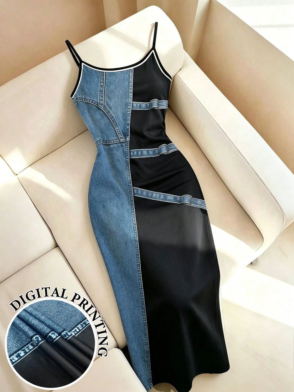 Women's Vintage Patchwork Asymmetrical Strap Midi Dress