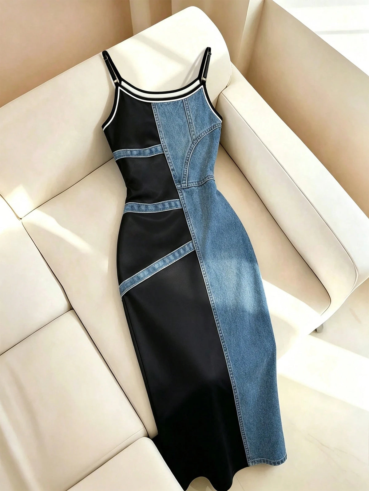 Women's Vintage Patchwork Asymmetrical Strap Midi Dress