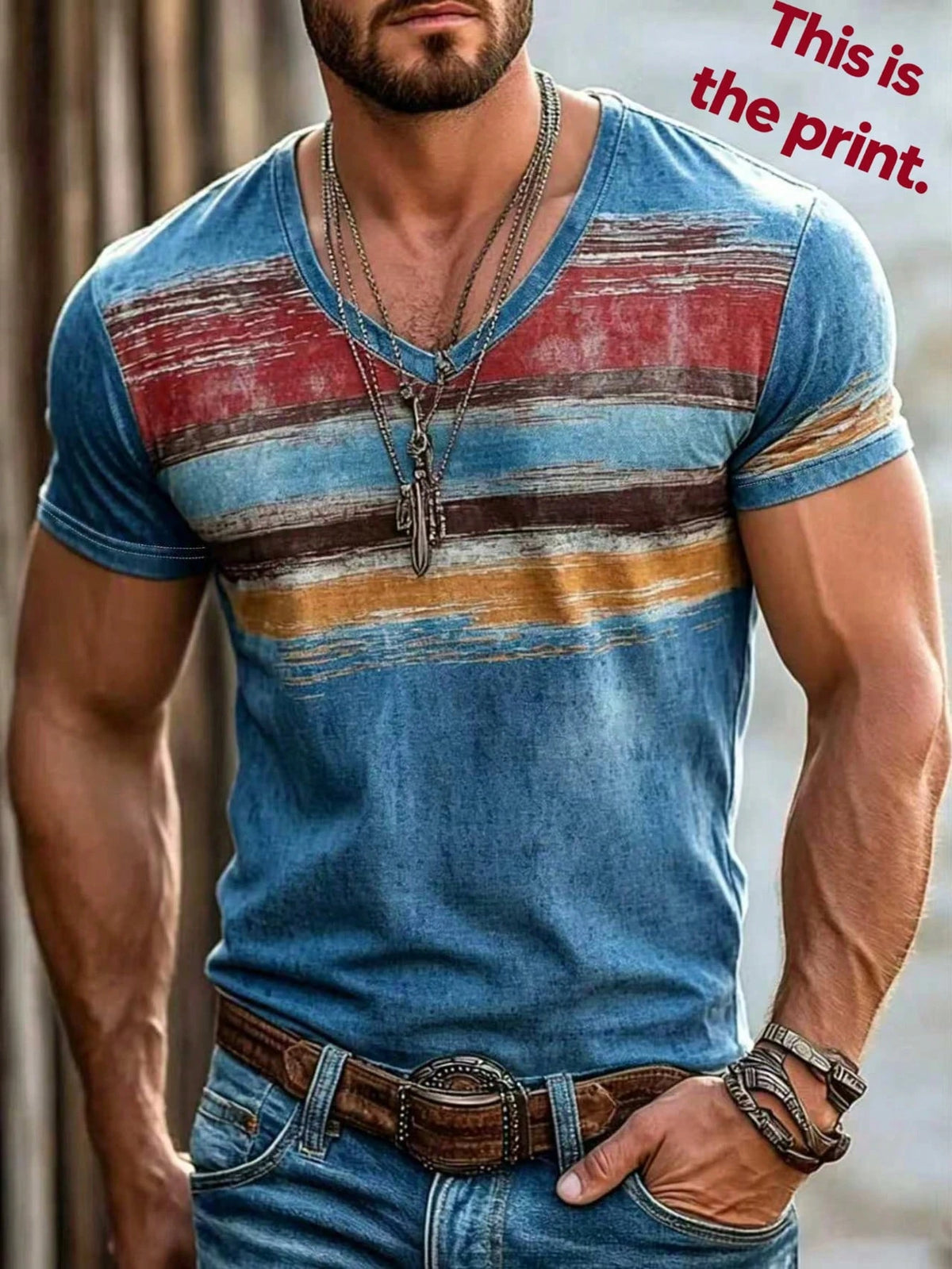 Men's Vintage Print Retro Striped V-Neck Short Sleeve T-Shirt