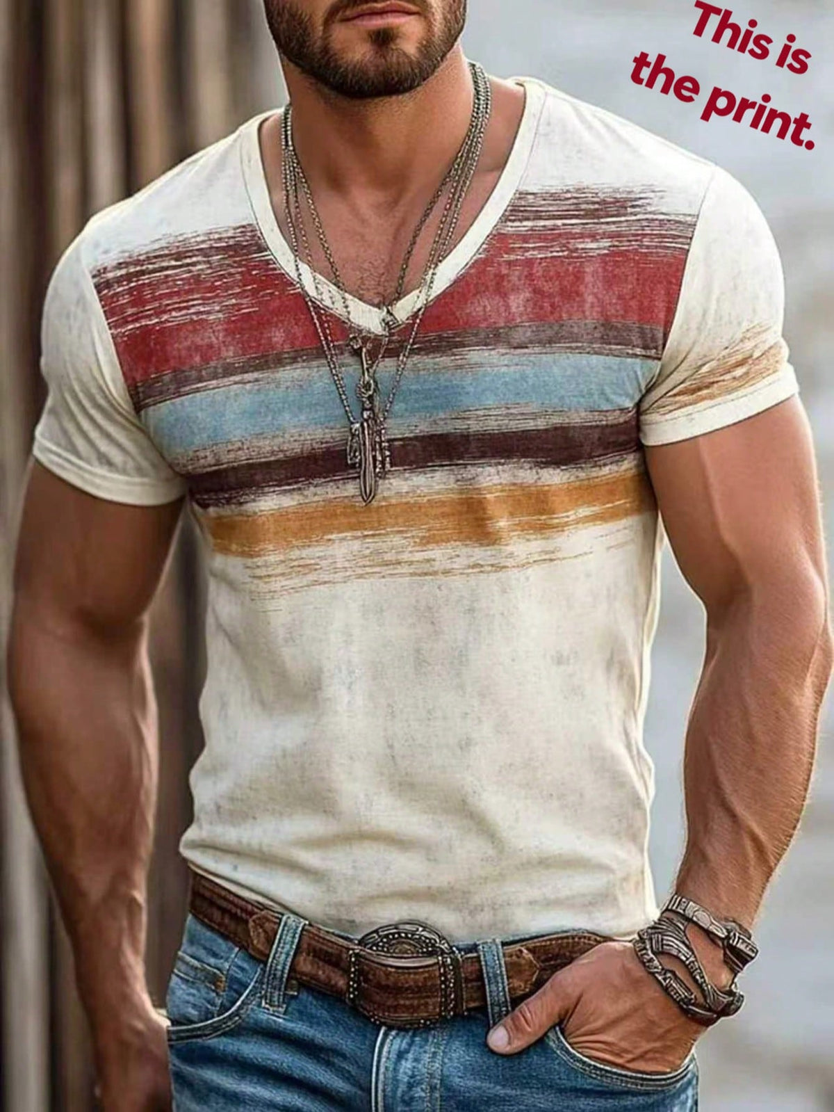 Men's Vintage Print Retro Striped V-Neck Short Sleeve T-Shirt