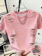 Women's Casual Ripped Round Neck Short Sleeve T-Shirt