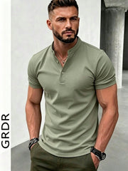 Men's Classic Solid Color Henley Collar Short Sleeve T-Shirt Olive Green