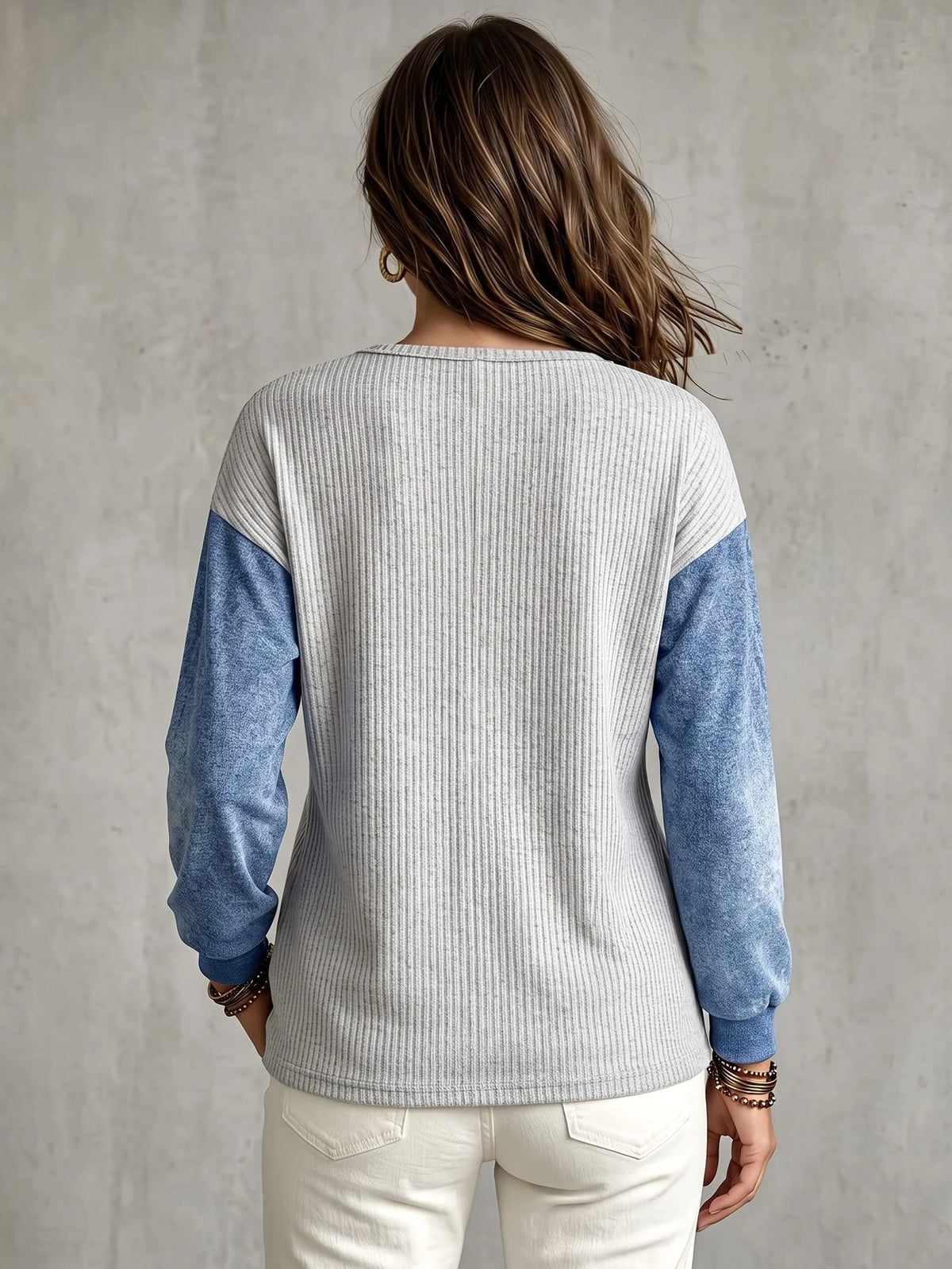 Women's Casual Colorblock Button Half-Placket Long Sleeve T-Shirt