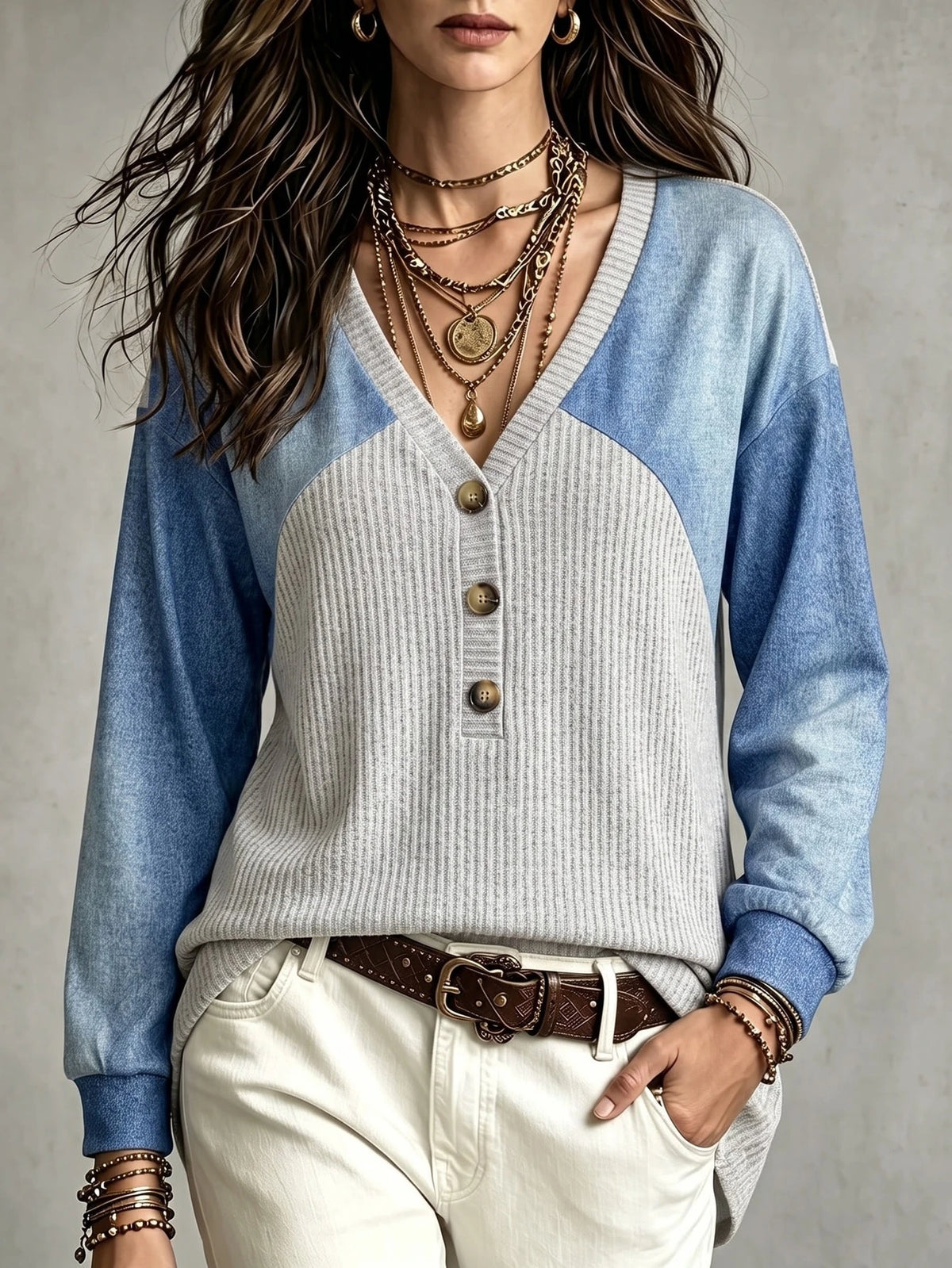 Women's Casual Colorblock Button Half-Placket Long Sleeve T-Shirt