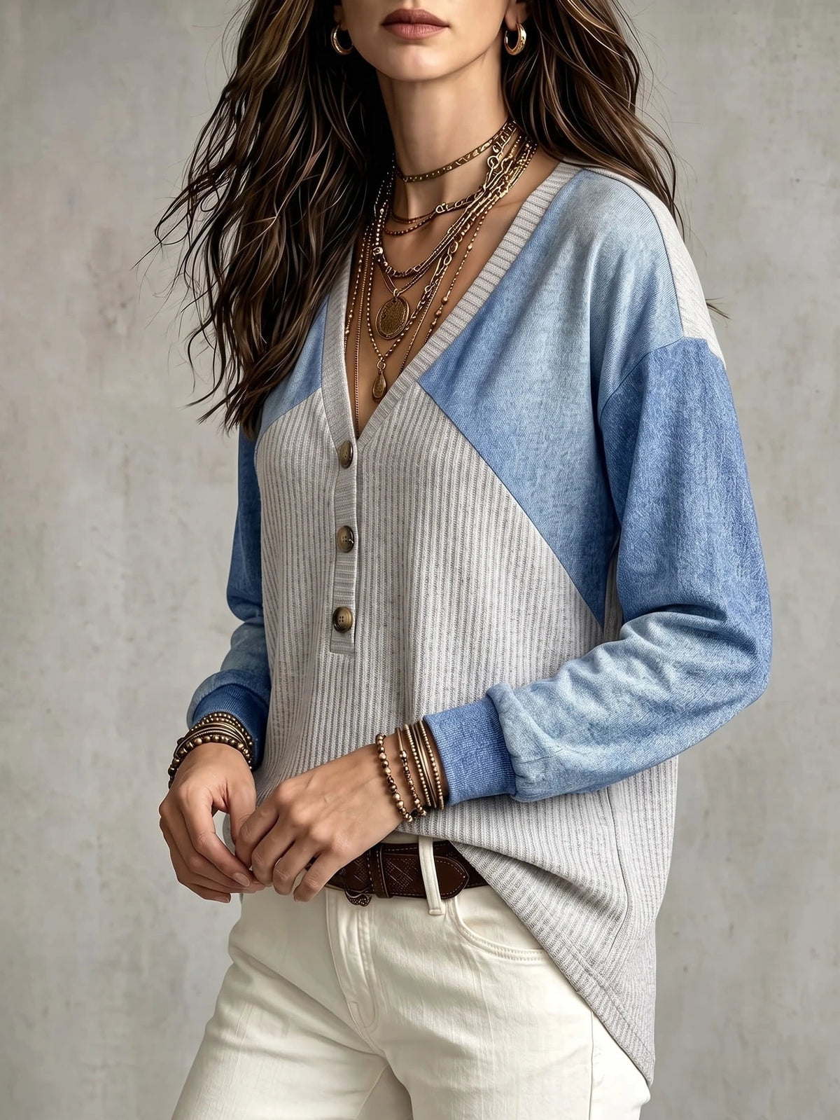 Women's Casual Colorblock Button Half-Placket Long Sleeve T-Shirt
