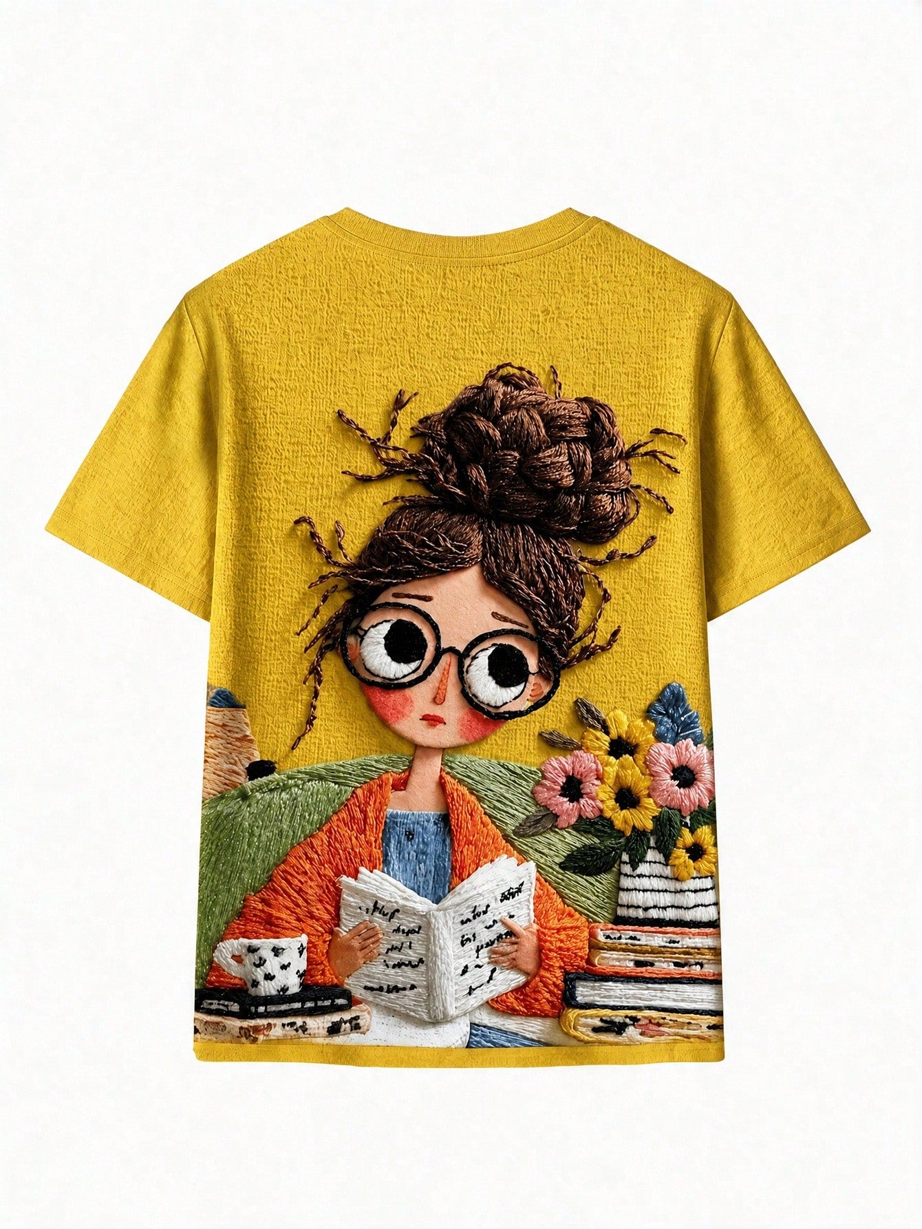 Women's Casual Reading Girl Graphic Print Round Neck Short Sleeve T-Shirt Yellow