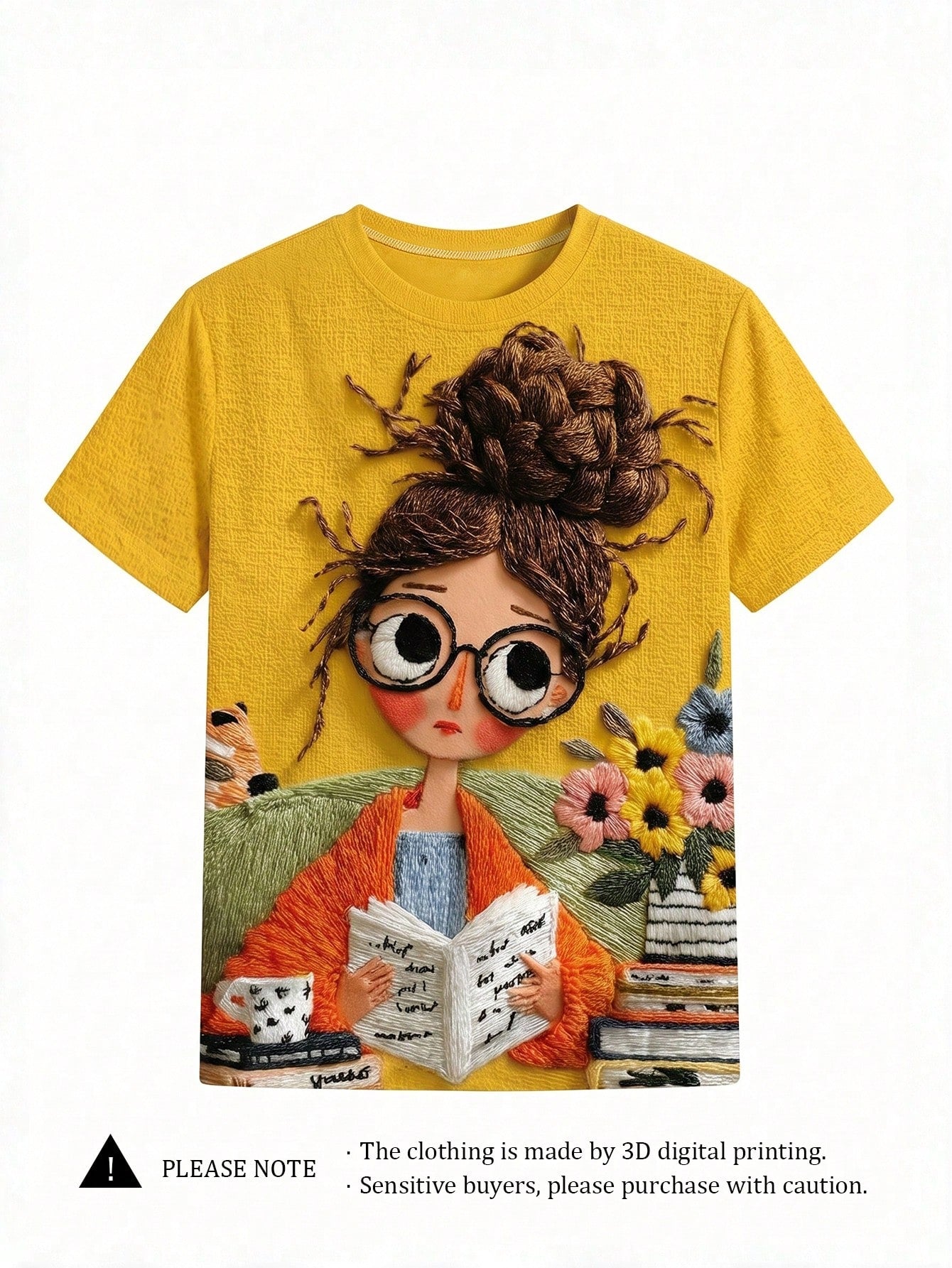 Women's Casual Reading Girl Graphic Print Round Neck Short Sleeve T-Shirt Yellow