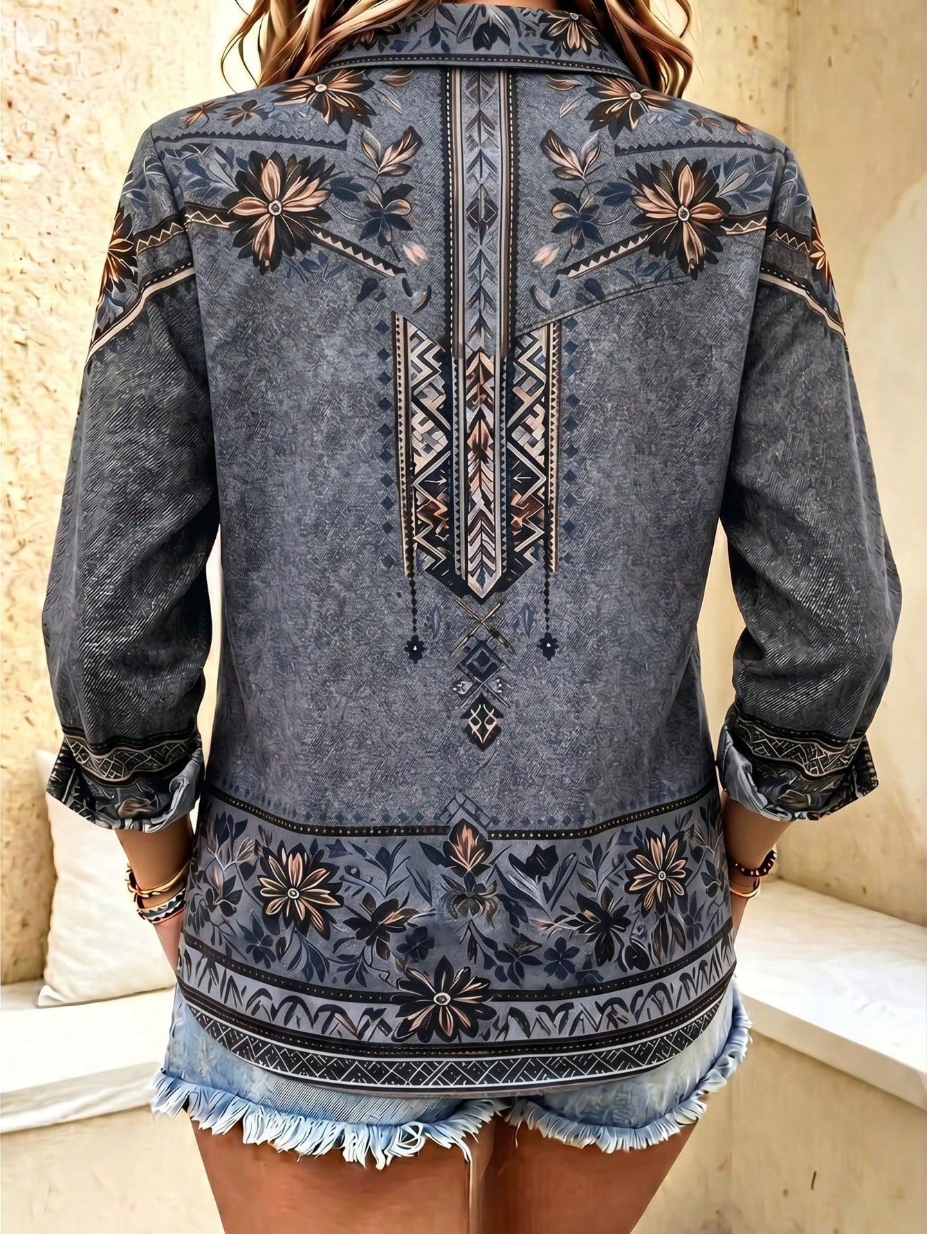 Women's Plus Size Geometric Print Button Front Long Sleeve Shirt