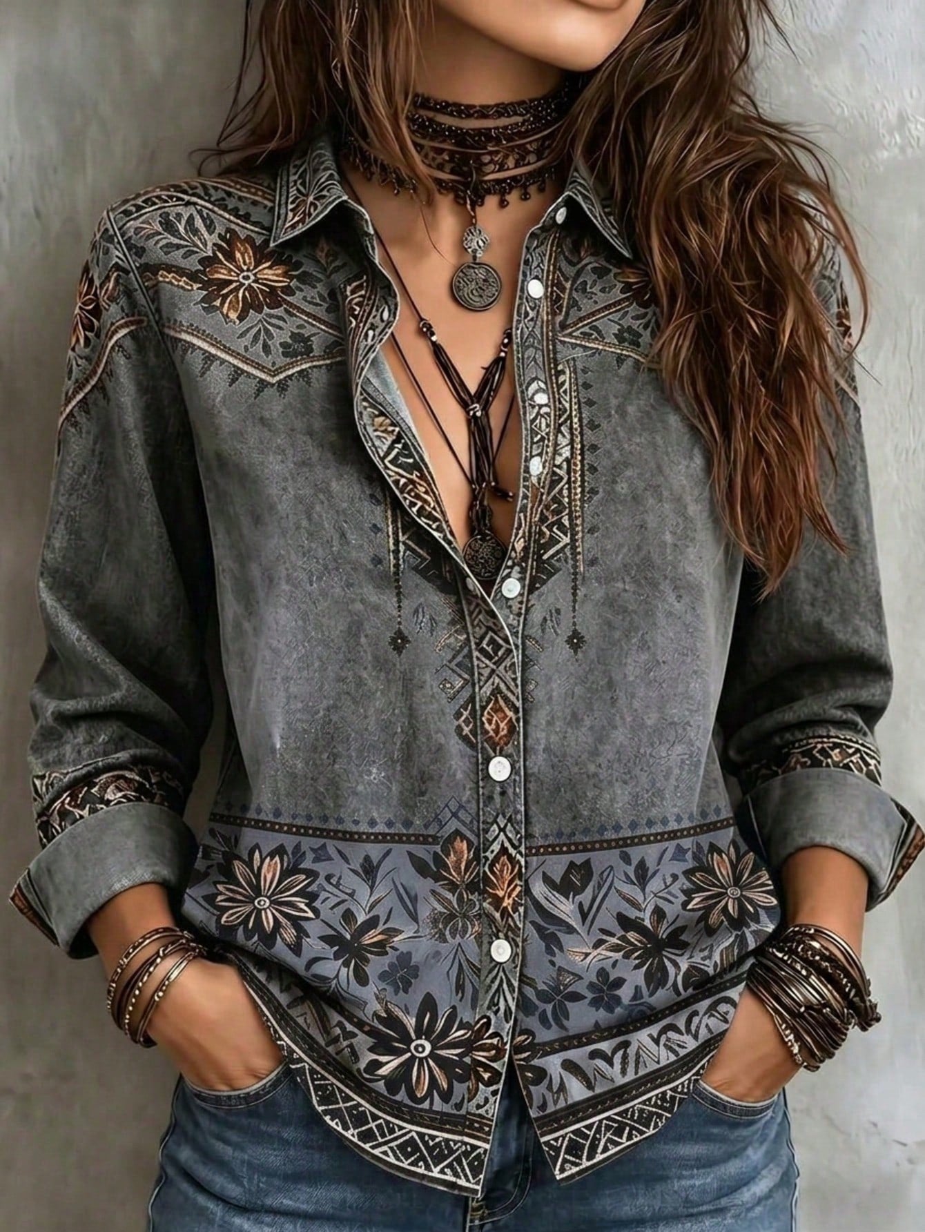 Women's Plus Size Geometric Print Button Front Long Sleeve Shirt