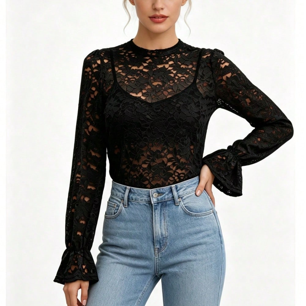 Women's High Neck Floral Lace Long Sleeve Blouse