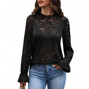 Women's High Neck Floral Lace Long Sleeve Blouse