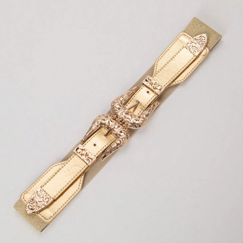 Women's Vintage Carved Hollow Out Double Buckle Elastic Waist Belt