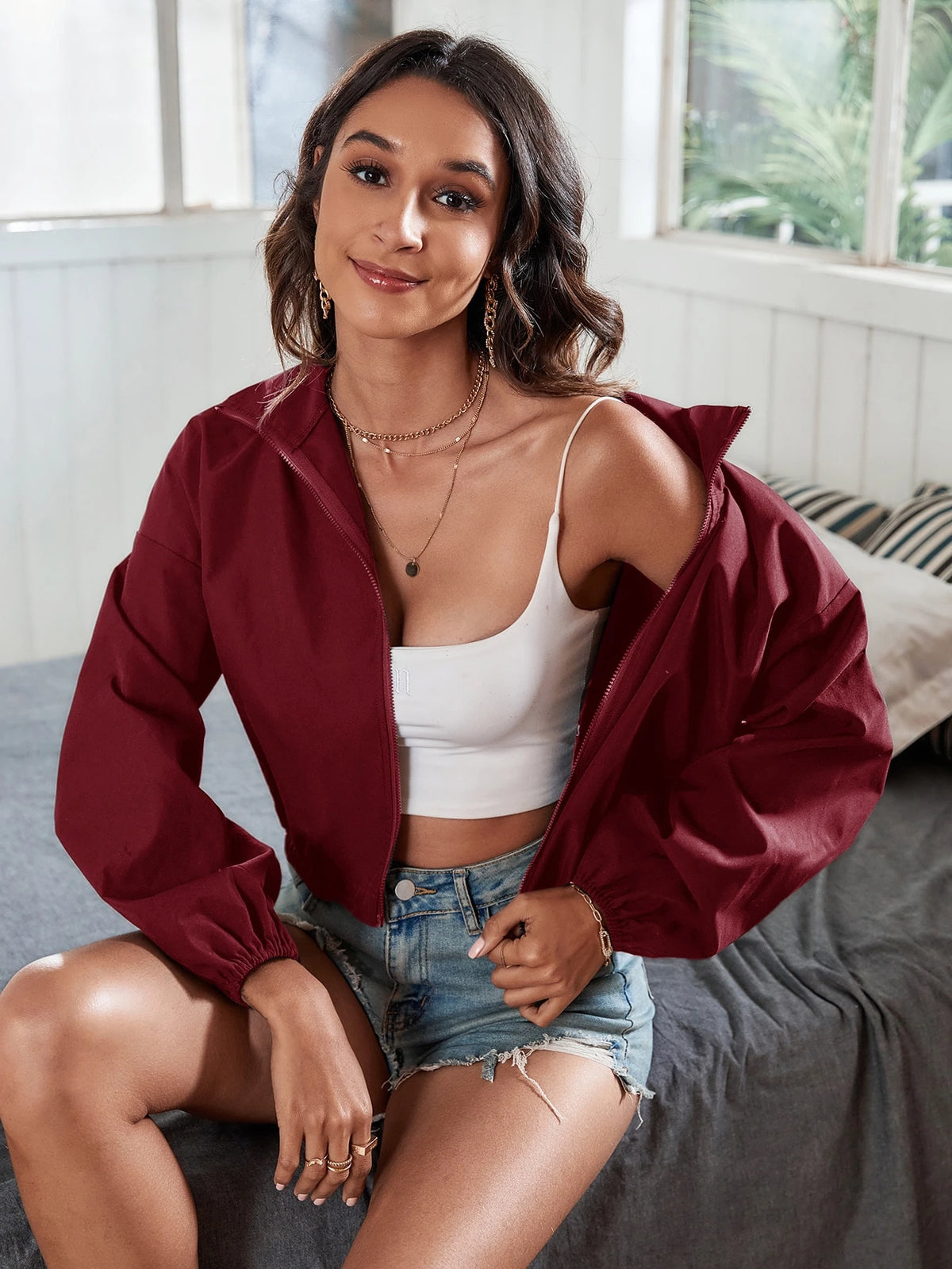 Women's Zip Up Drop Shoulder Windbreaker Jacket