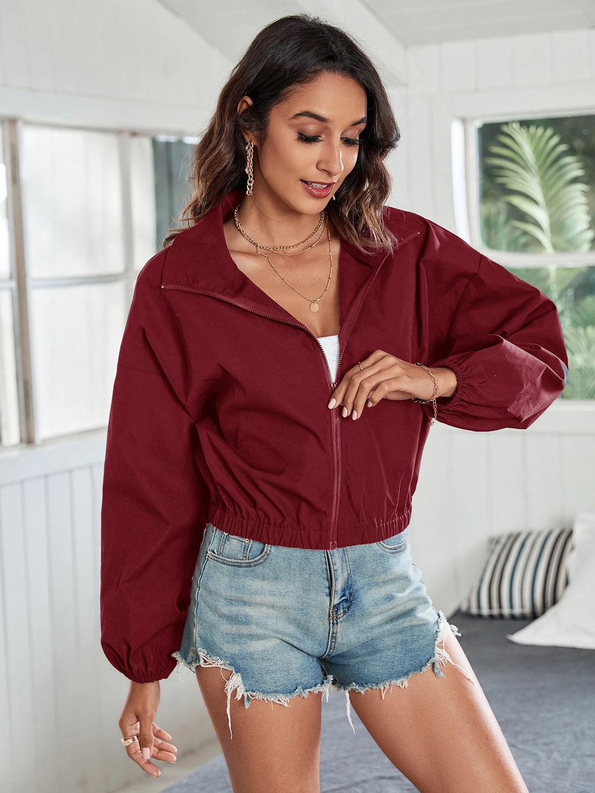 Women's Zip Up Drop Shoulder Windbreaker Jacket