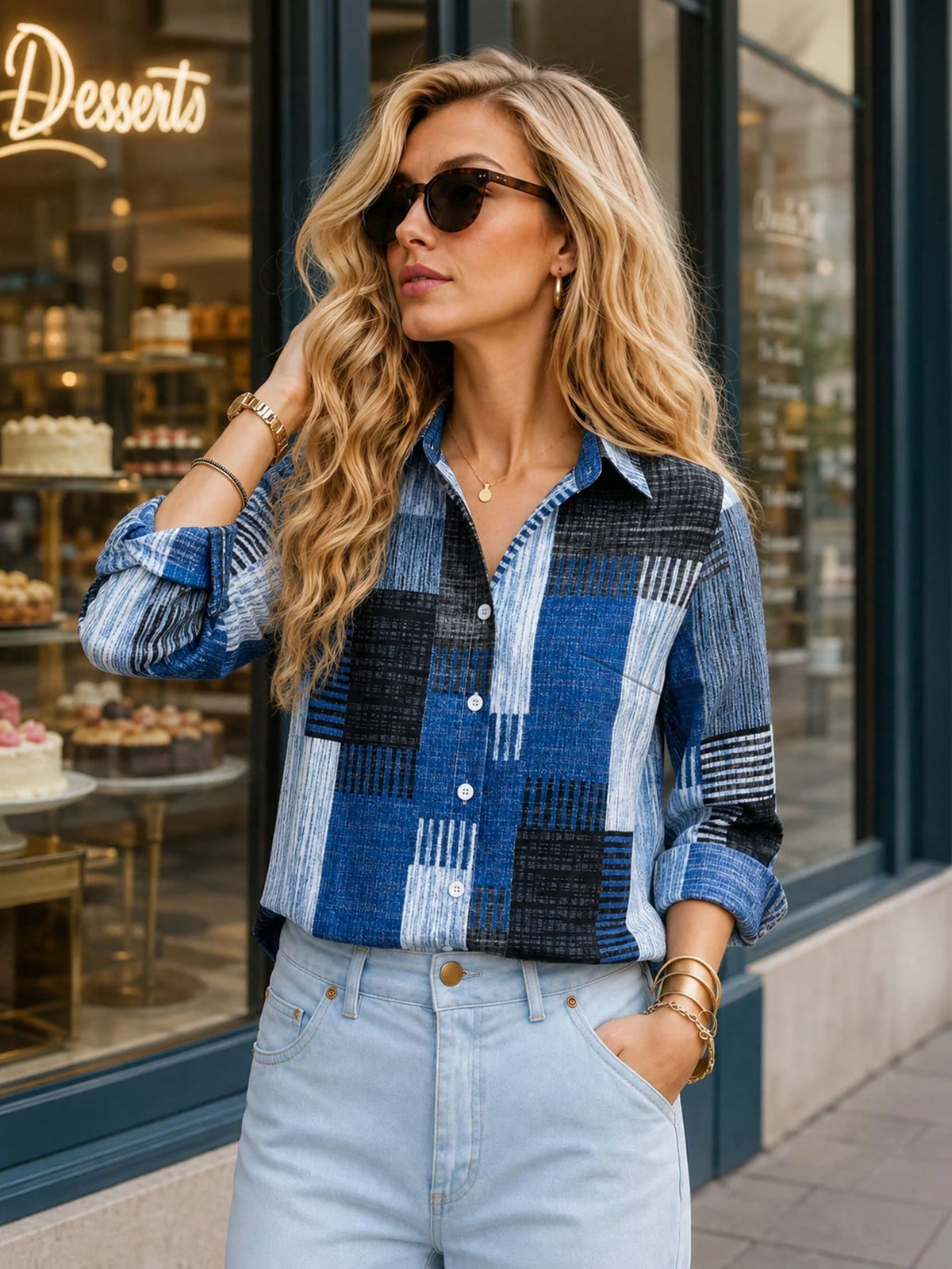 Women's Retro Plaid Colorblock Long Sleeve Button Down Shirt
