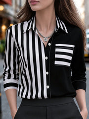 Women's Printed Patchwork Colorblock Pocket Button Shirt