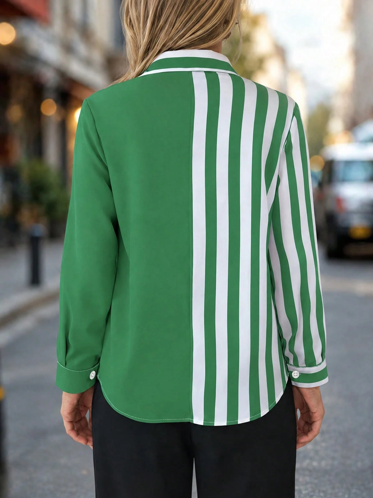 Women's Casual Striped Patchwork Pocket Button Shirt