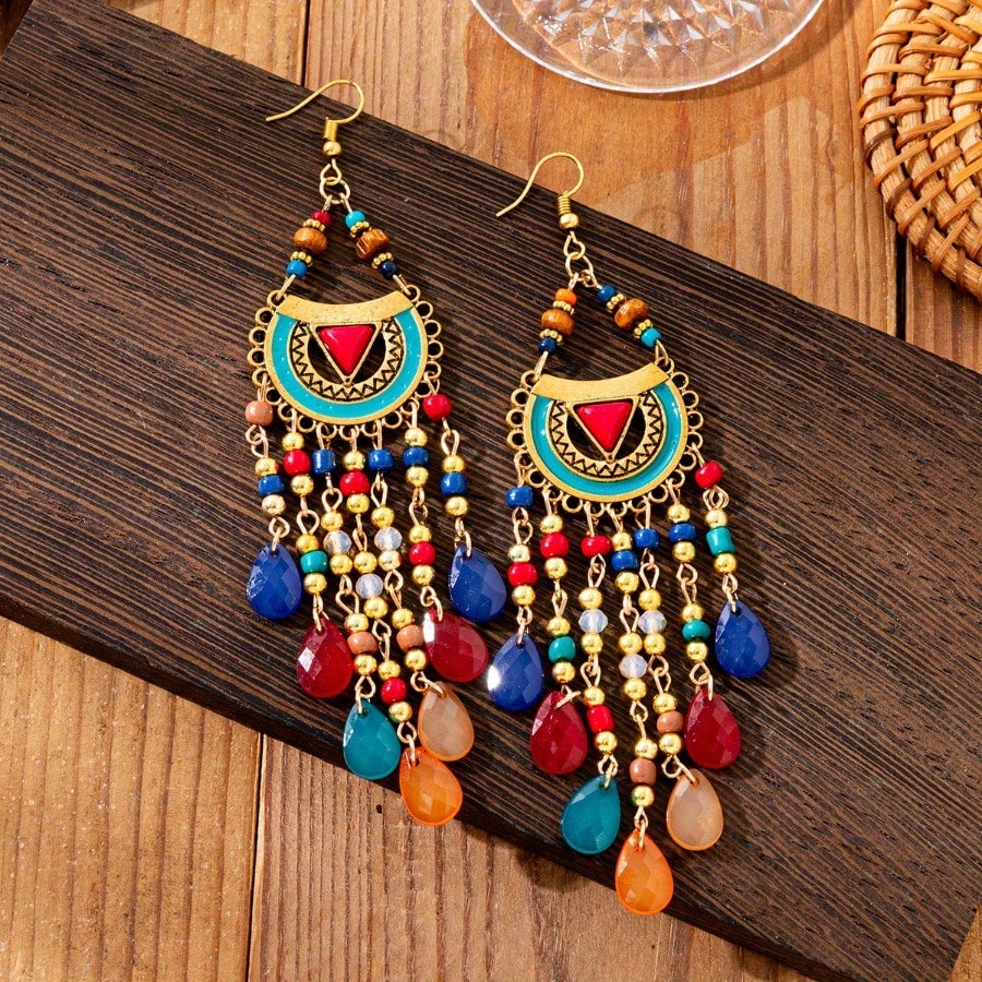 Women's Vintage Colorful Oil Drop Tassel Dangle Earrings