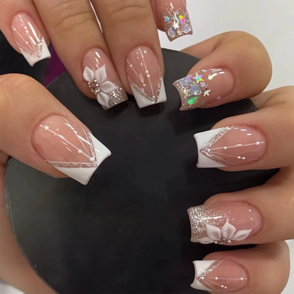 Women's Pink Gradient Pearl Rhinestone Bow Almond Press On Nail Set