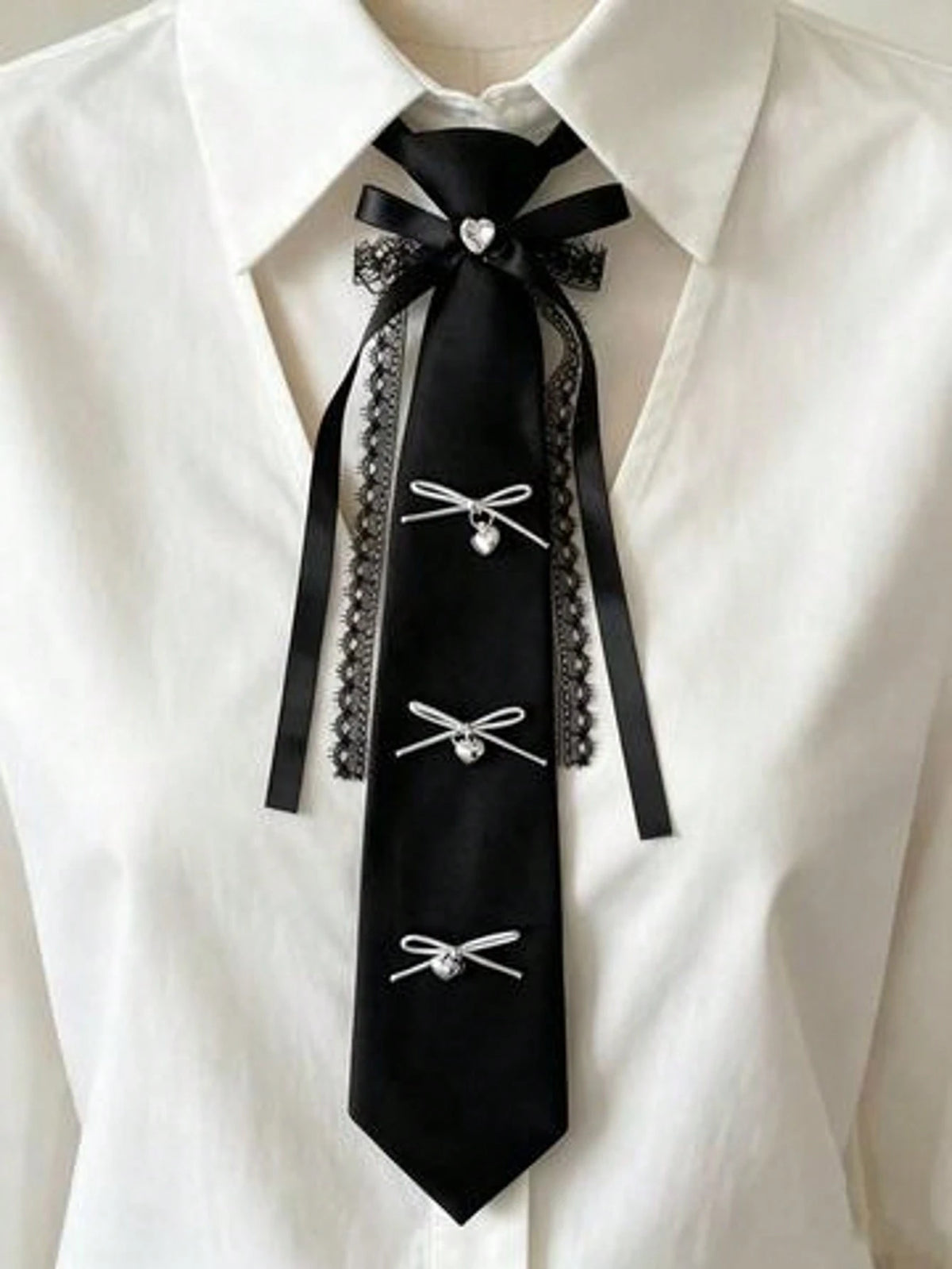 Women's Sexy Lace Small Bow Rhinestone Decorative Shirt Tie
