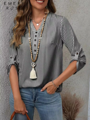 Shein Casual Striped Notched Neck Roll Up Sleeve Shirt, XL -.