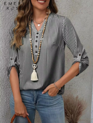 Shein Casual Striped Notched Neck Roll Up Sleeve Shirt, XL -.