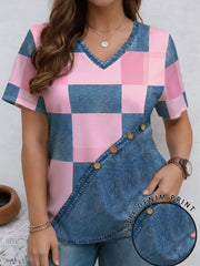 Women's Plus Size Patchwork Print Ribbed V-Neck Casual T-Shirt