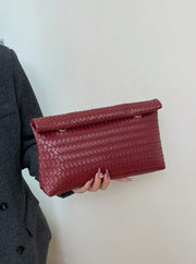 Shein Red Woven Pattern Handbag with Magnetic Flap Closure and Large Capacity -.