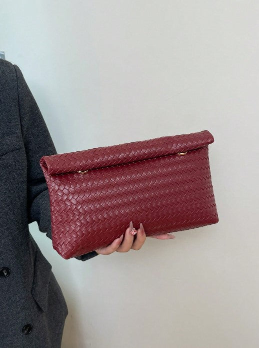 Shein Red Woven Pattern Handbag with Magnetic Flap Closure and Large Capacity -.