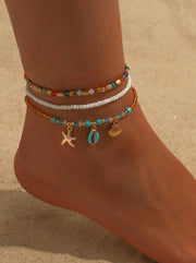 Shein 3pcs/Set Bohemian-Style Crystal Beaded And Colorful Shell Anklets Handmade>