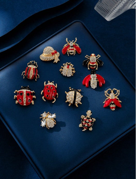 Shein 12pcs Personalized Charm Red Turtle Bee Beetle Zinc Alloy Casual Clothing Brooch Set