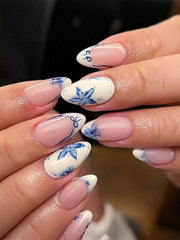 Shein 24pcs Medium Almond-Shaped Nail Stickers Beige French Tip Design With Blue Floral Bow Accent >