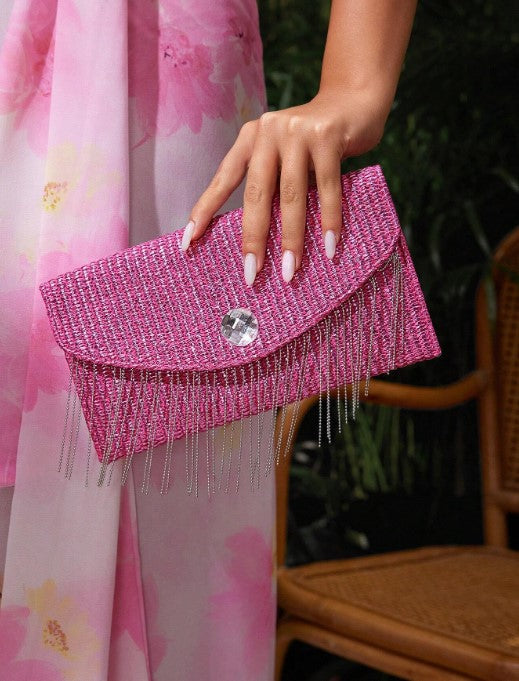 Shein SXY Women's Fashionable Metallic Coating Straw Woven Chain Tassel Clutch Bag -.